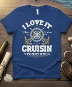I LOVE IT WHEN WE'RE CRUISIN TOGETHER text with ship wheel and anchors graphic on a blue t-shirt