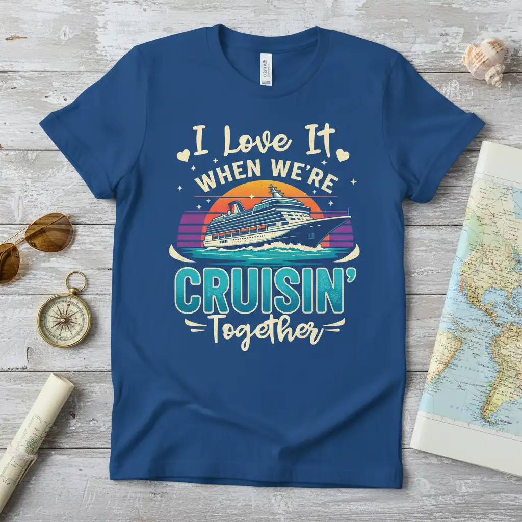 I Love It When We're Cruisin' Together text with a vintage cruise ship graphic and sunset