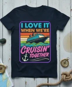 T-shirt design with text "I Love It When We're Cruisin' Together" and a cruise ship graphic on a colorful background