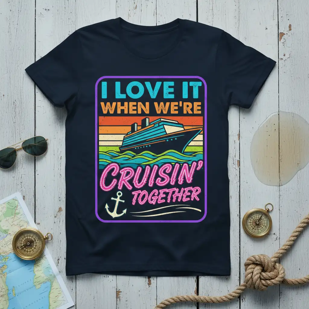 I Love It When We're Cruisin' Together quote with a cruise ship graphic on a navy blue t-shirt