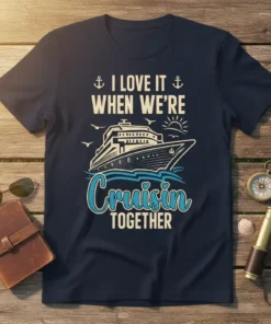 Couple's cruise t-shirt with text "I LOVE IT WHEN WE'RE Cruisin TOGETHER" and a graphic of a cruise ship