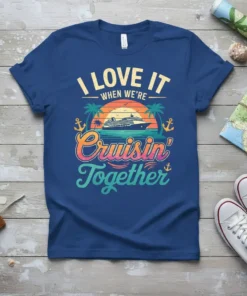 I Love It When We're Cruisin' Together text with a cruise ship, palm trees, and sunset graphic on a navy