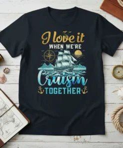 I love it WHEN WE'RE Cruisin TOGETHER text with sailing ship graphic on navy t-shirt