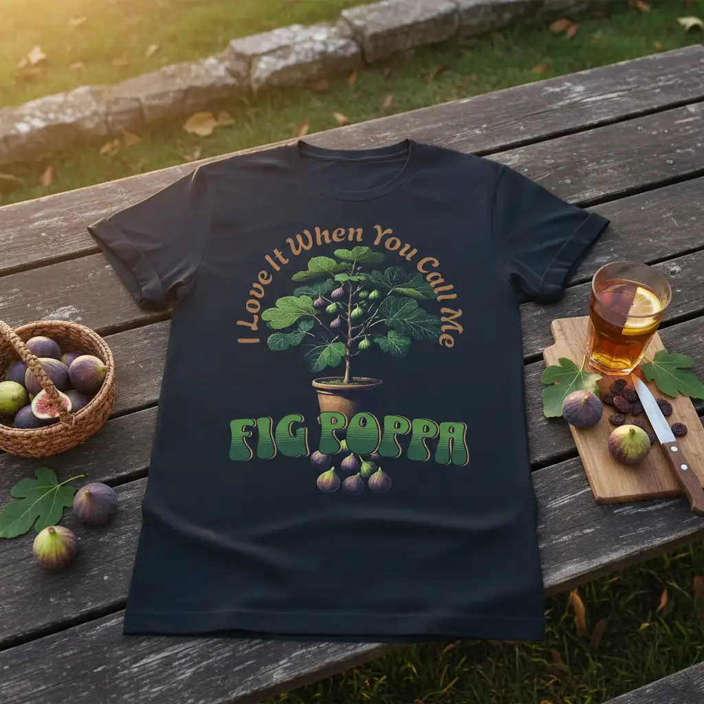 I Love It When You Call Me FIG POPPA quote with a detailed fig tree illustration on a dark t-shirt