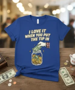 I Love It When You Put The Tip In quote on a blue t-shirt, featuring a graphic of a hand