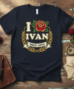 Navy t-shirt with "I Love Ivan True Love" text, a red rose, and gold laurel wreath design