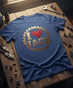 Blue t-shirt with "I Love Jack" text inside a gear graphic and a red heart