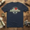 Navy blue t-shirt with "I Love Jacksonville" text, a red heart, city skyline, and palm trees graphic