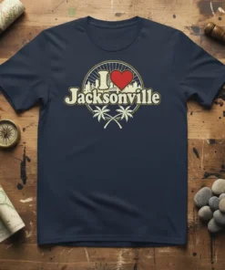 Navy blue t-shirt with "I Love Jacksonville" text, a red heart, city skyline, and palm trees graphic