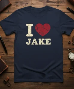 Navy blue t-shirt with distressed "I Love Jake" text and a cracked red heart graphic
