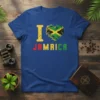 I Love Jamaica T-Shirt with a distressed heart featuring the Jamaican flag colors and bold text