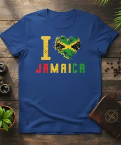 I Love Jamaica T-Shirt with a distressed heart featuring the Jamaican flag colors and bold text