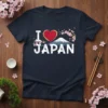 I Love Japan T-Shirt with red heart, Mount Fuji, and cherry blossoms graphic