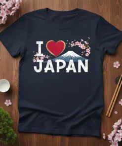 I Love Japan T-Shirt with red heart, Mount Fuji, and cherry blossoms graphic