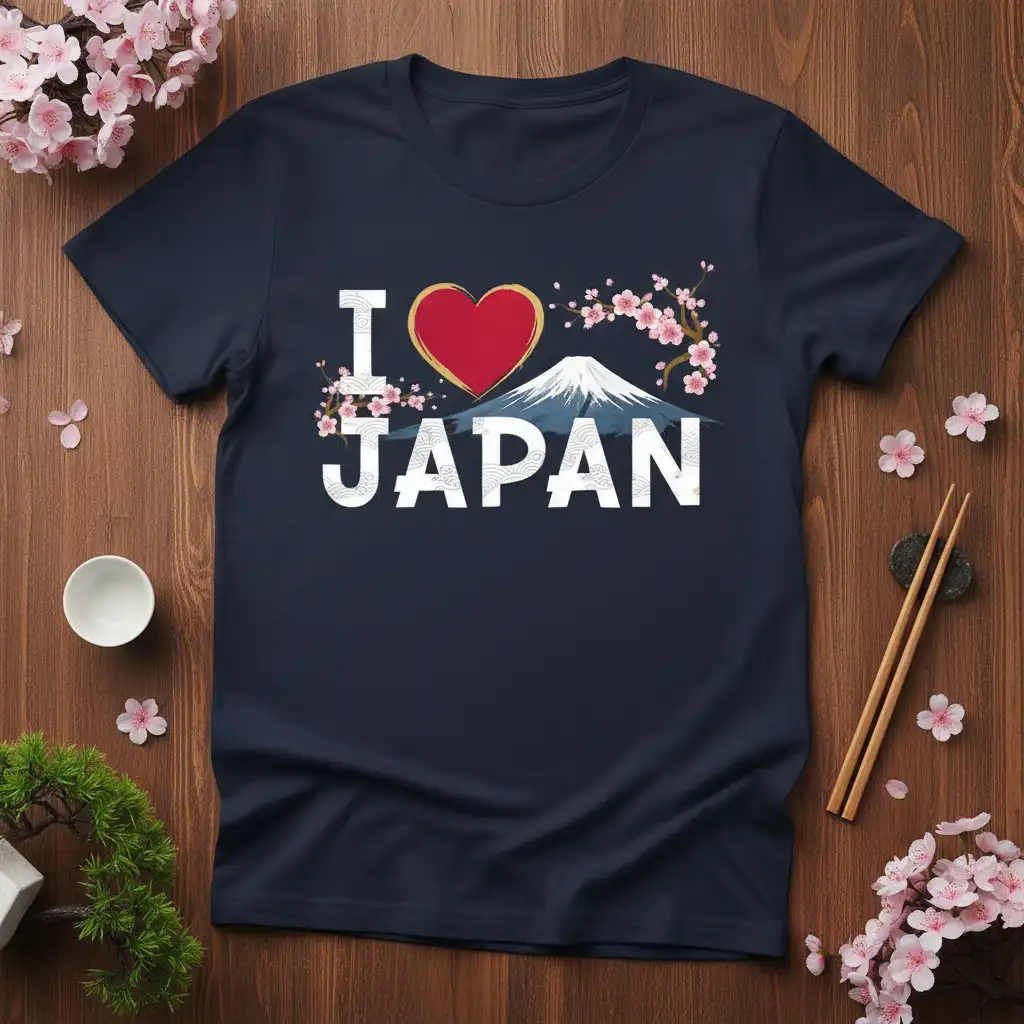 I Love Japan text with heart, Mount Fuji, and cherry blossoms design on a navy t-shirt