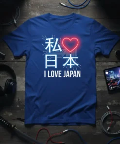 I LOVE JAPAN t-shirt with Japanese characters, neon heart, and circuit board design elements in white and red