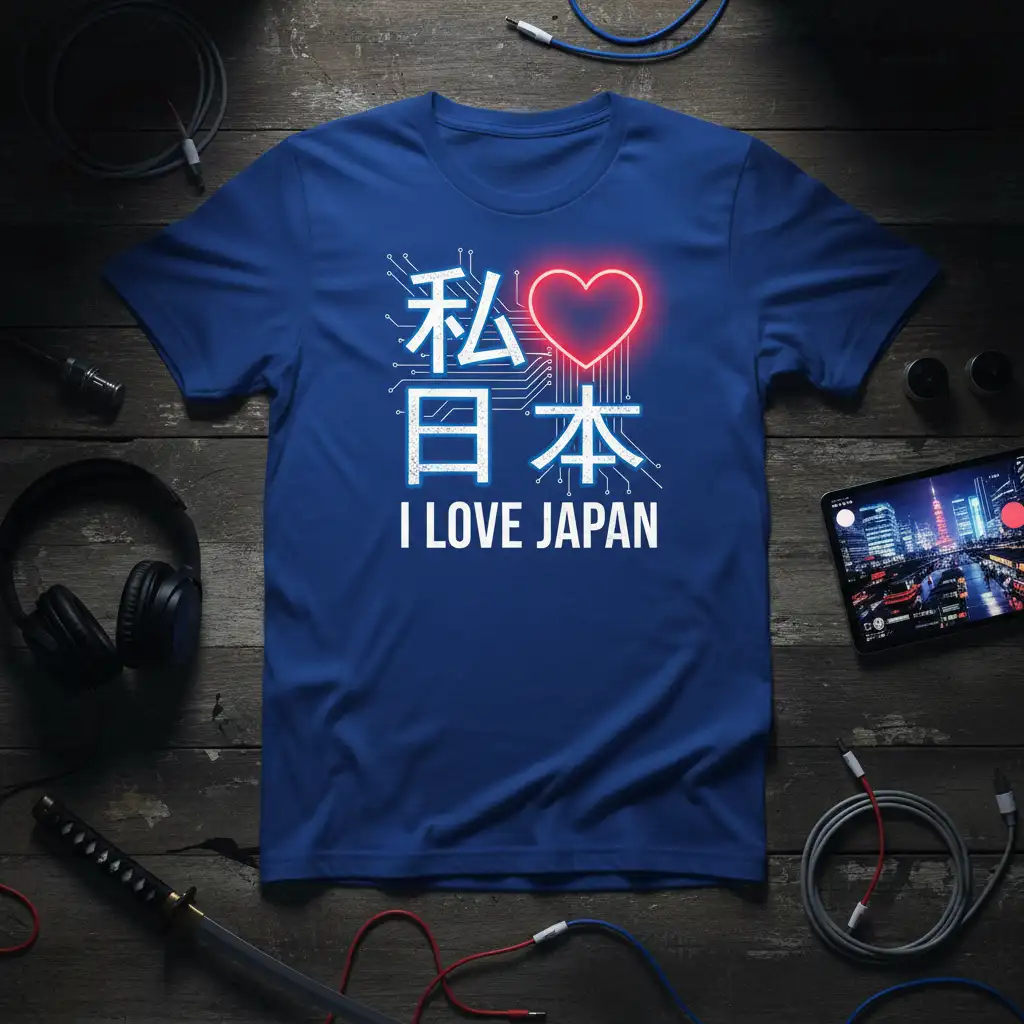 I LOVE JAPAN t-shirt with Japanese text and neon heart, showcasing a blend of culture and modern design