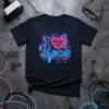 Neon "I Love Jason" text with a pixelated heart and circuit board graphics on a dark t-shirt