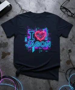Neon "I Love Jason" text with a pixelated heart and circuit board graphics on a dark t-shirt