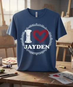 I Love Jayden T-Shirt with distressed white 'I' and red heart graphic. Personalized name design