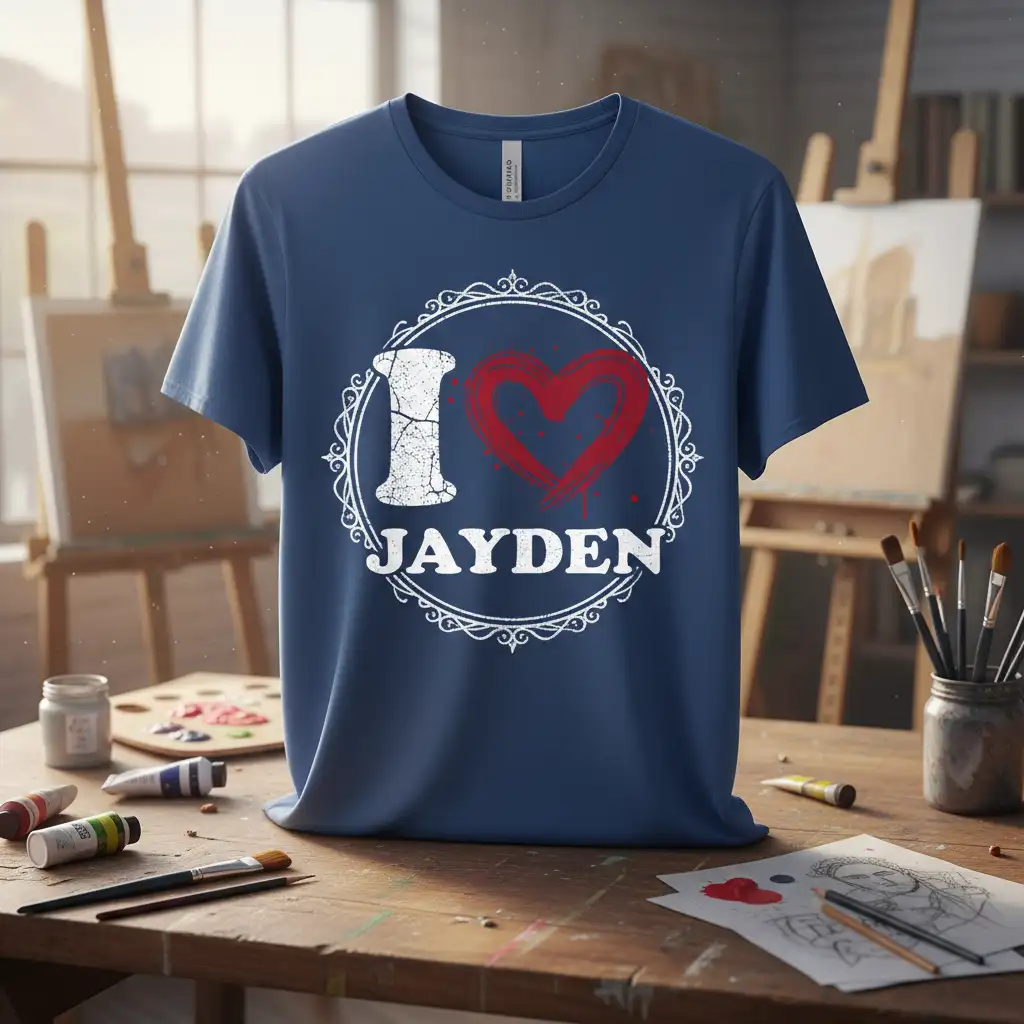 I Love Jayden T-Shirt featuring a distressed 'I', red heart, and name text within a decorative frame