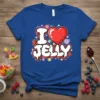 I Love Jelly text with a red heart and colorful candy graphics on a blue t-shirt