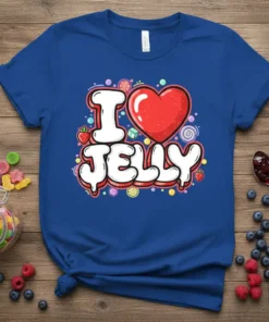 I Love Jelly text with a red heart and colorful candy graphics on a blue t-shirt