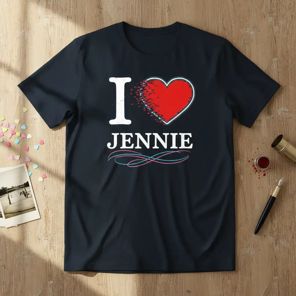 I Love Jennie text design with a dissolving red heart graphic on a dark t-shirt