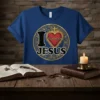 I Love Jesus t-shirt design with a sacred heart graphic and Christian cross, featuring bold typography