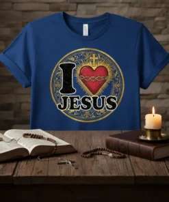 I Love Jesus t-shirt design with a sacred heart graphic and Christian cross, featuring bold typography
