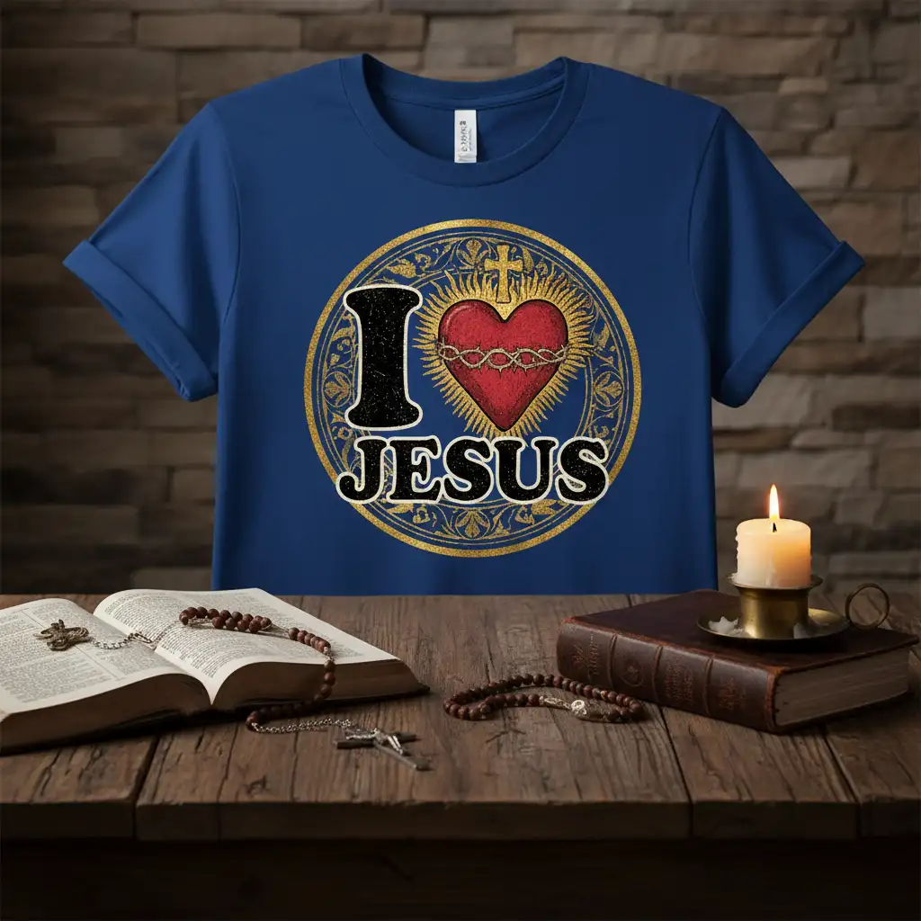I Love Jesus sacred heart design with Christian cross and intricate gold border on a blue t-shirt