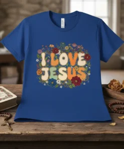 I LOVE JESUS text with floral border on a royal blue t-shirt, retro groovy font style