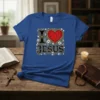 I Love Jesus Christian T-Shirt with a red stained-glass heart and ornate lettering
