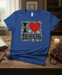 I Love Jesus Christian T-Shirt with a red stained-glass heart and ornate lettering