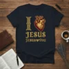I Love Jesus Jesus You Christian T-Shirt with anatomical heart graphic in gold and red tones