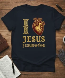 I Love Jesus Jesus You Christian T-Shirt with anatomical heart graphic in gold and red tones