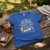Blue t-shirt with "i love JESUS SWEET TEA & NAPS JESUS" text, pitcher graphic, and crescent moon with zzz's. Christian