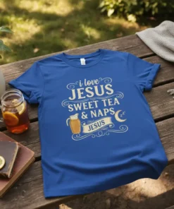 Blue t-shirt with "i love JESUS SWEET TEA & NAPS JESUS" text, pitcher graphic, and crescent moon with zzz's. Christian