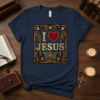 I Love Jesus T-Shirt with stained glass design and golden text on navy blue shirt