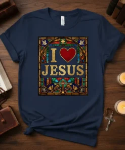 I Love Jesus T-Shirt with stained glass design and golden text on navy blue shirt
