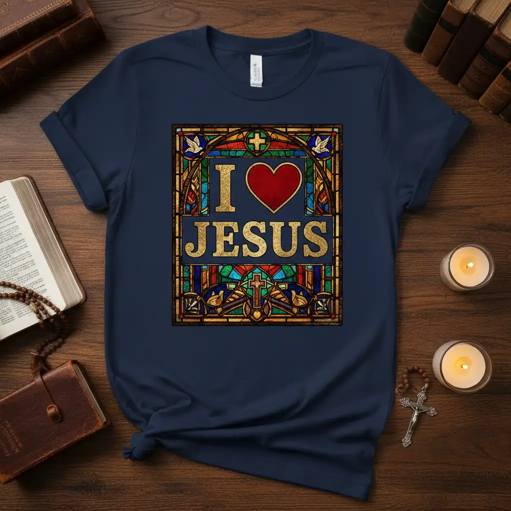 I Love Jesus quote with heart and stained glass artwork on a navy t-shirt