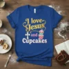 I love Jesus and Cupcakes Christian faith t-shirt with golden text and cupcake graphic