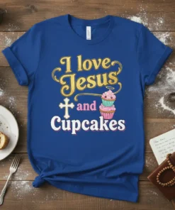 I love Jesus and Cupcakes Christian faith t-shirt with golden text and cupcake graphic