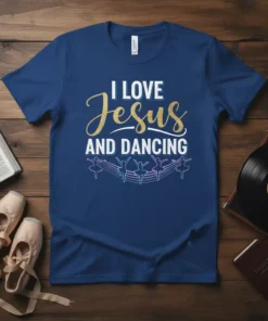 I LOVE Jesus AND DANCING text with ballet dancer graphic on navy t-shirt