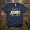 I Love Jesus And Gavin text design with ornate gold leaf accents on a navy t-shirt