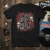I Love Jesus And Heavy Metal t-shirt design with skulls, roses, and hearts, featuring bold text