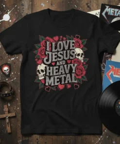I Love Jesus And Heavy Metal t-shirt design with skulls, roses, and hearts, featuring bold text