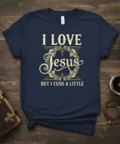 I LOVE Jesus BUT I CUSS A LITTLE text on a navy t-shirt with a decorative wreath and cross graphic