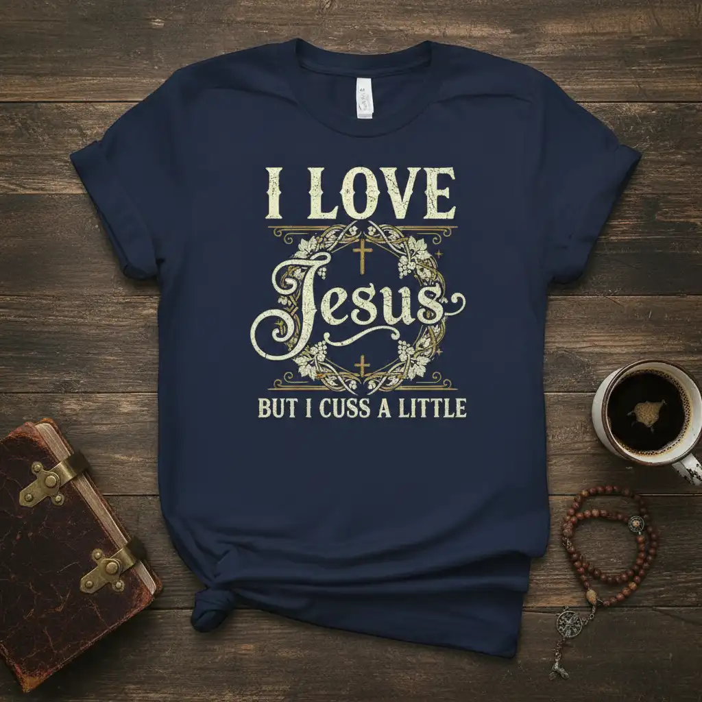 I LOVE Jesus BUT I CUSS A LITTLE humorous quote design on a navy t-shirt with decorative wreath