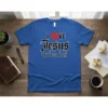 I Love Jesus But I Cuss A Lot humorous Christian t-shirt design with a broken heart graphic and gothic font